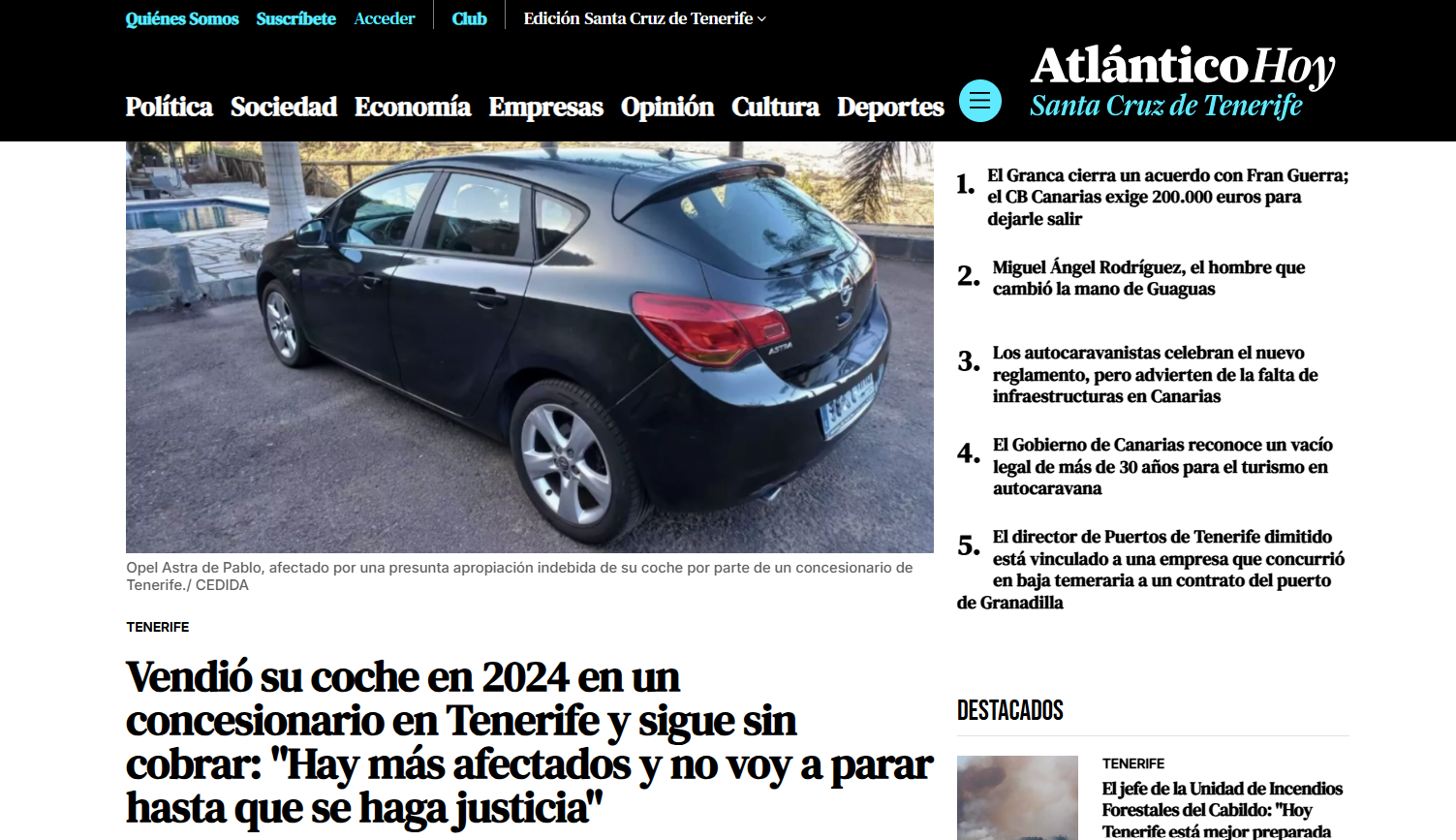 Portada de la noticia publicada por Atlántico Hoy sobre el caso Marichal Automóviles