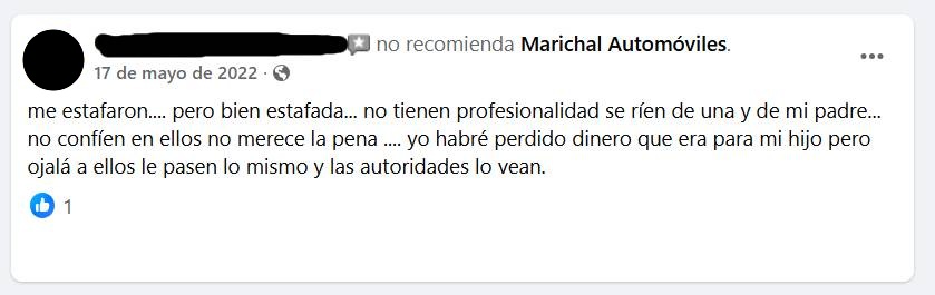 Captura de una reseña pública publicada en Facebook en mayo de 2022 sobre el negocio, con el nombre de la autora anonimizado.
