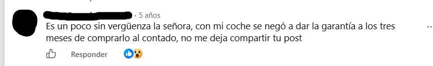 Captura de un comentario público en Facebook, con el autor anonimizado, en el que un usuario afirma que no se le aplicó la garantía legal tres meses después de comprar un vehículo al contado.