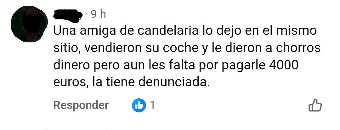 Captura de un comentario público en Facebook, con el autor anonimizado, en el que un usuario refiere el caso de una conocida que dejó su coche en consignación y afirma que quedó pendiente parte del pago.